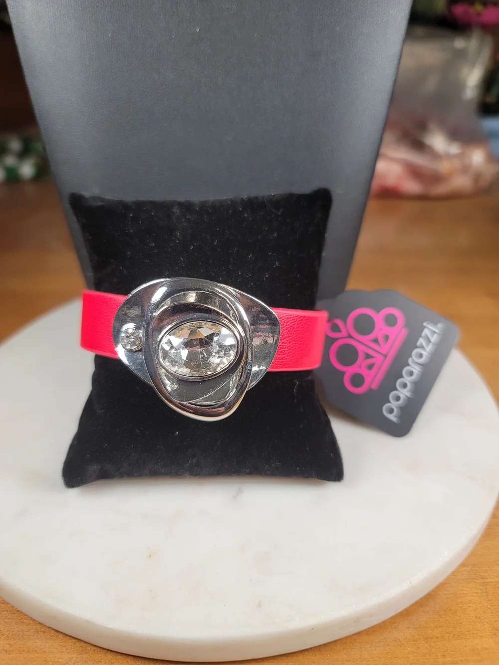 paparazzi Red Faux Leather Bracelet with Crystal Centerpiece